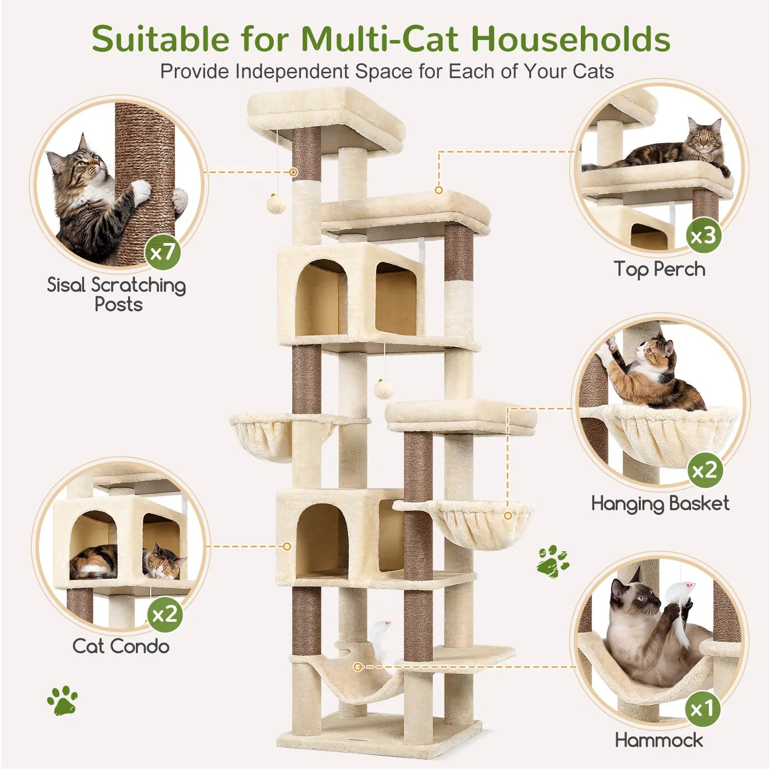 Globlazer Premium 82" Heavy-Duty Cat Mansion - Space-Saving Corner Furniture with Dual Condos and Seven Sisal Scratching Posts