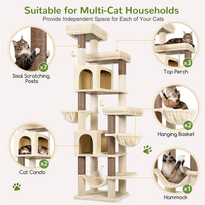 Globlazer Premium 82" Heavy-Duty Cat Mansion - Space-Saving Corner Furniture with Dual Condos and Seven Sisal Scratching Posts
