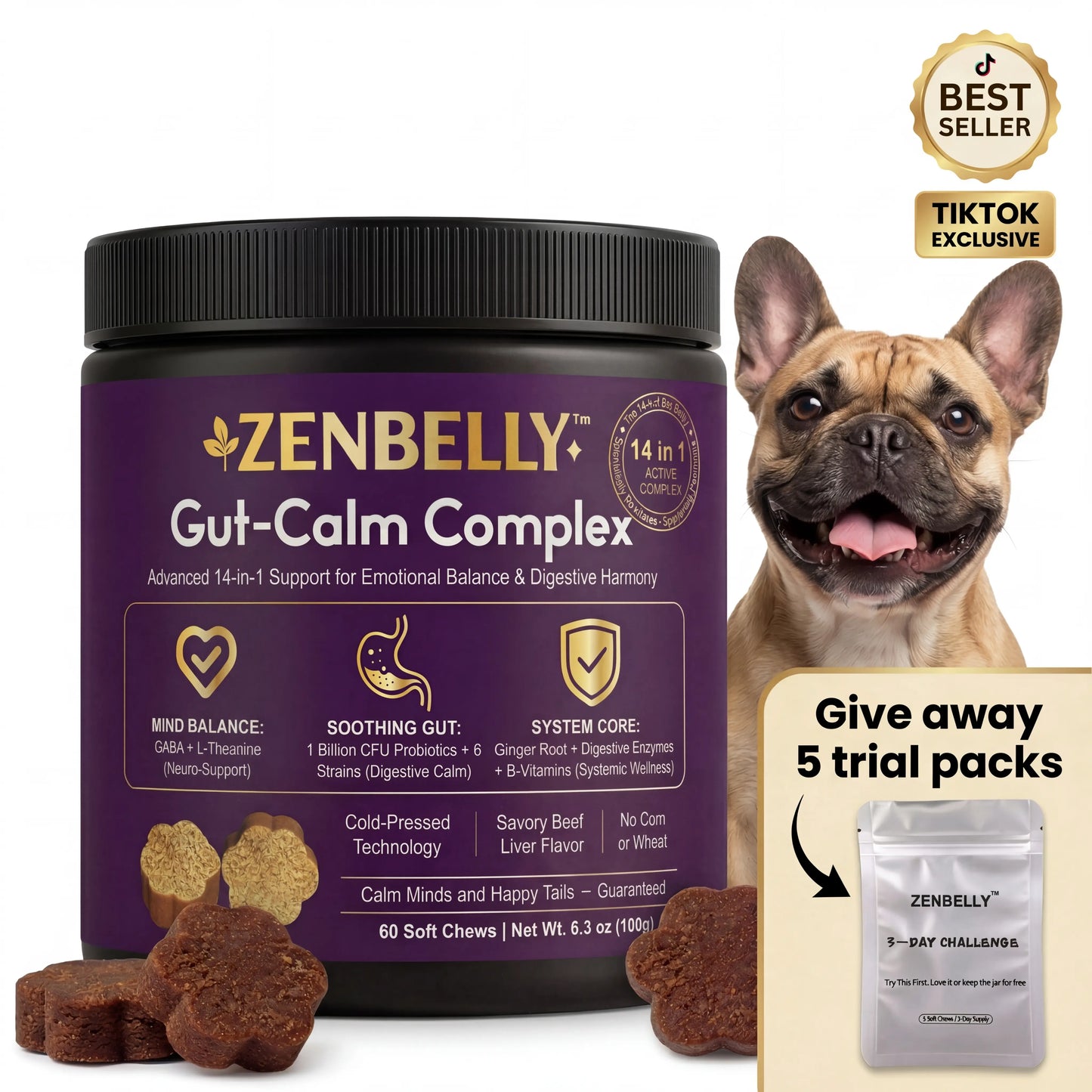 [Buy 1 Get 5 FREE Chews] ZENBELLY Dog Gut-Calm Complex, 14-In-1 Advanced Probiotics & Calming Soft Chews for Separation Anxiety, Stress Relief & Digestive Support, Savory Beef Liver Flavor, 60 Chews Outdoorfun