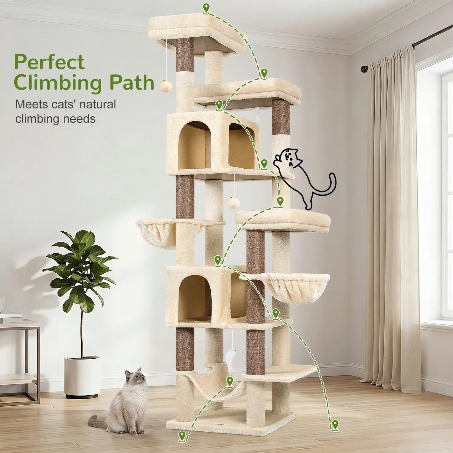 Globlazer Premium 82" Heavy-Duty Cat Mansion - Space-Saving Corner Furniture with Dual Condos and Seven Sisal Scratching Posts