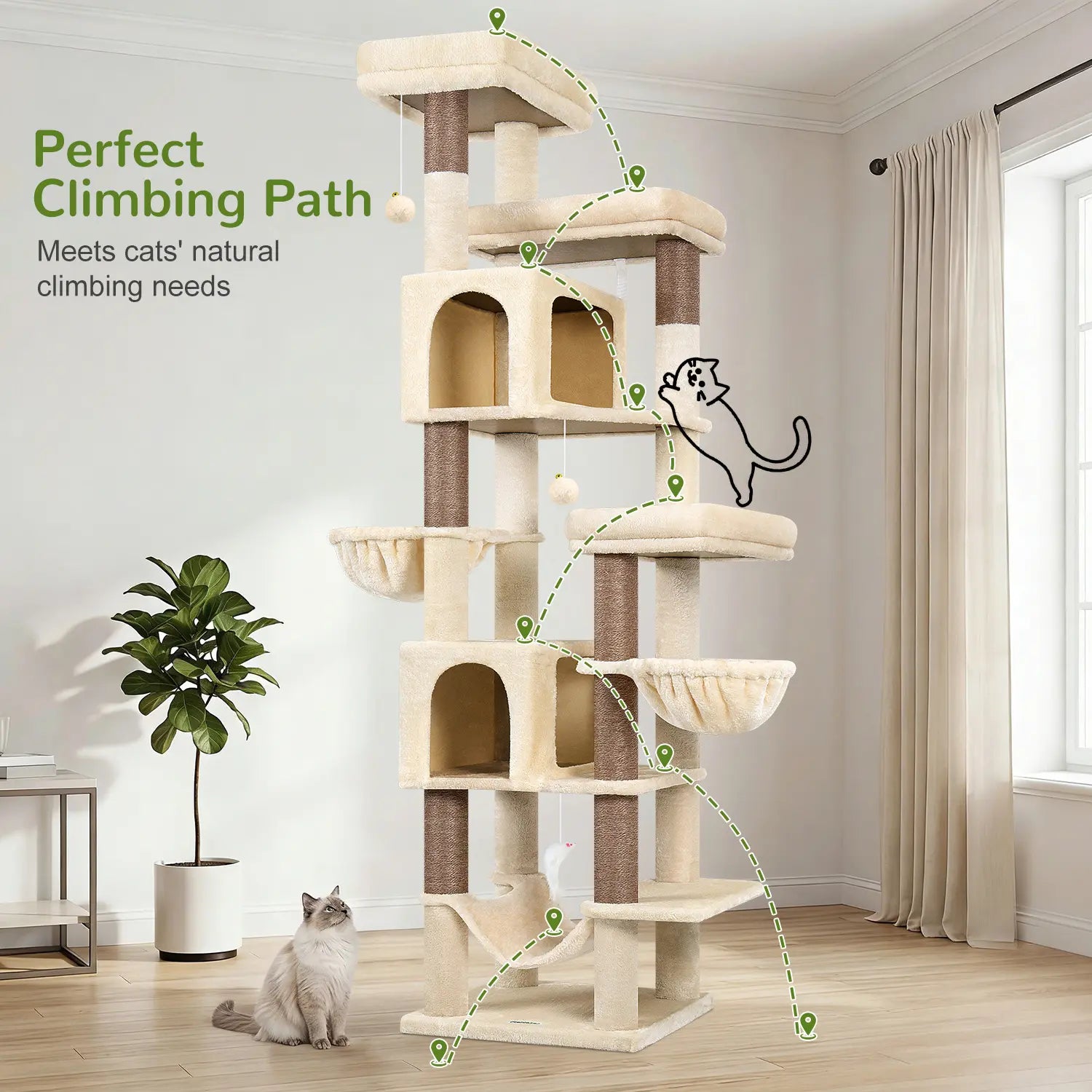Globlazer Premium 82" Heavy-Duty Cat Mansion - Space-Saving Corner Furniture with Dual Condos and Seven Sisal Scratching Posts