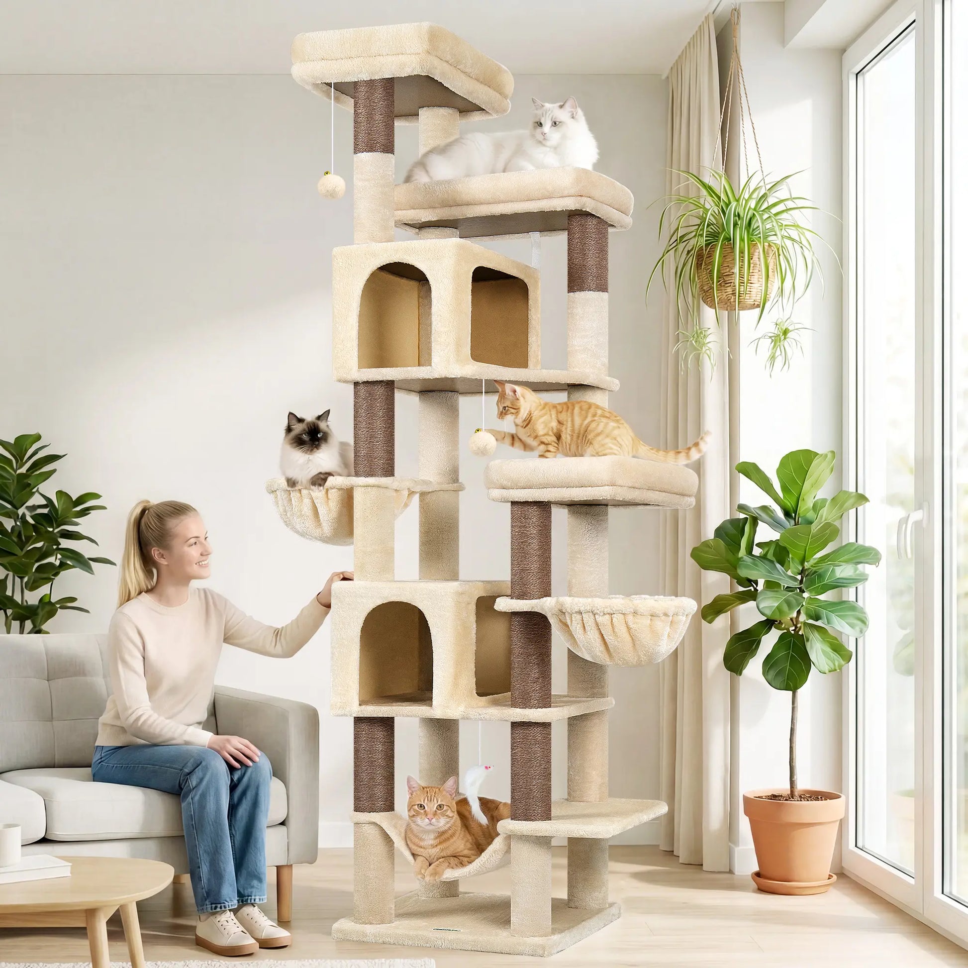 Globlazer Premium 82" Heavy-Duty Cat Mansion - Space-Saving Corner Furniture with Dual Condos and Seven Sisal Scratching Posts