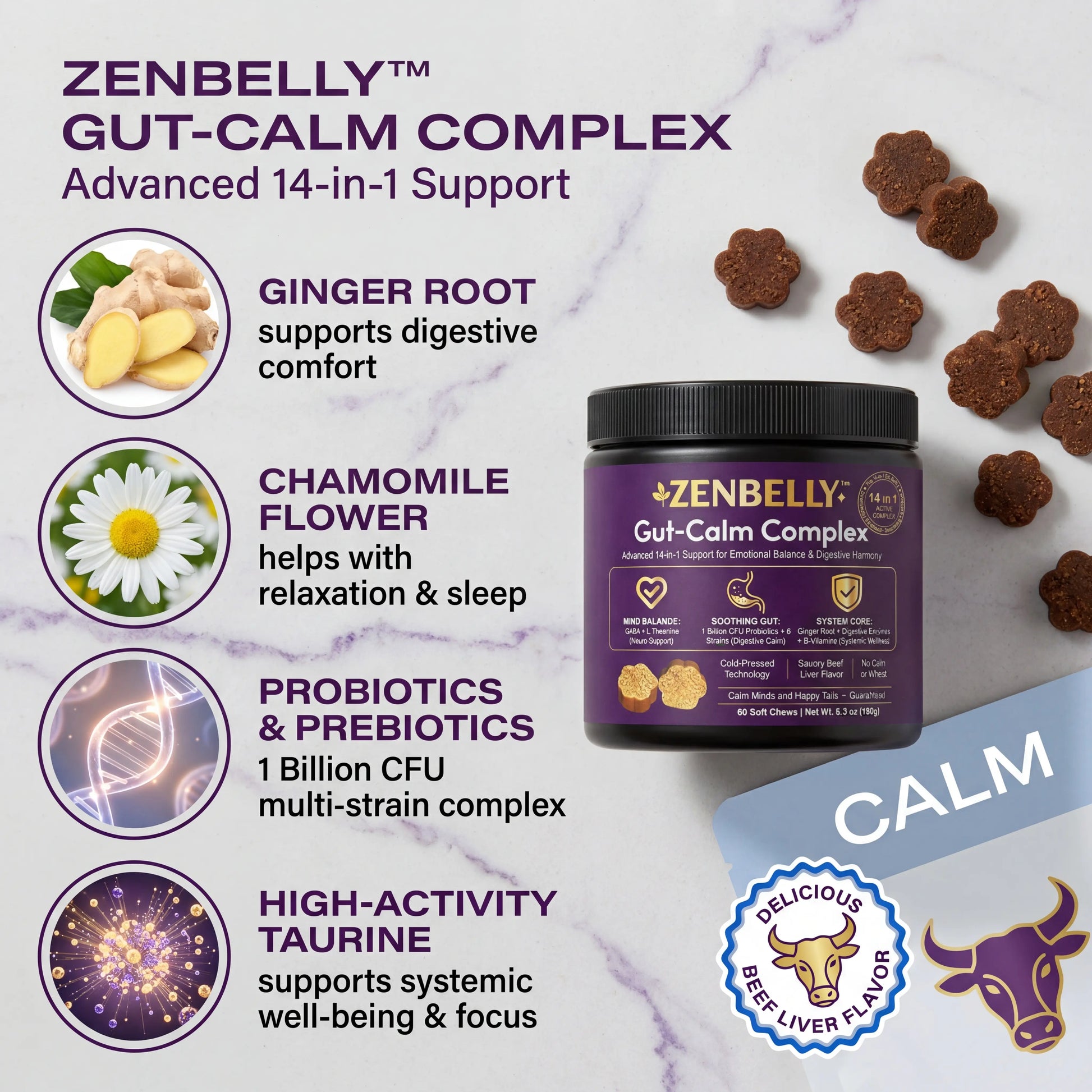 [Buy 1 Get 5 FREE Chews] ZENBELLY Dog Gut-Calm Complex, 14-In-1 Advanced Probiotics & Calming Soft Chews for Separation Anxiety, Stress Relief & Digestive Support, Savory Beef Liver Flavor, 60 Chews Outdoorfun