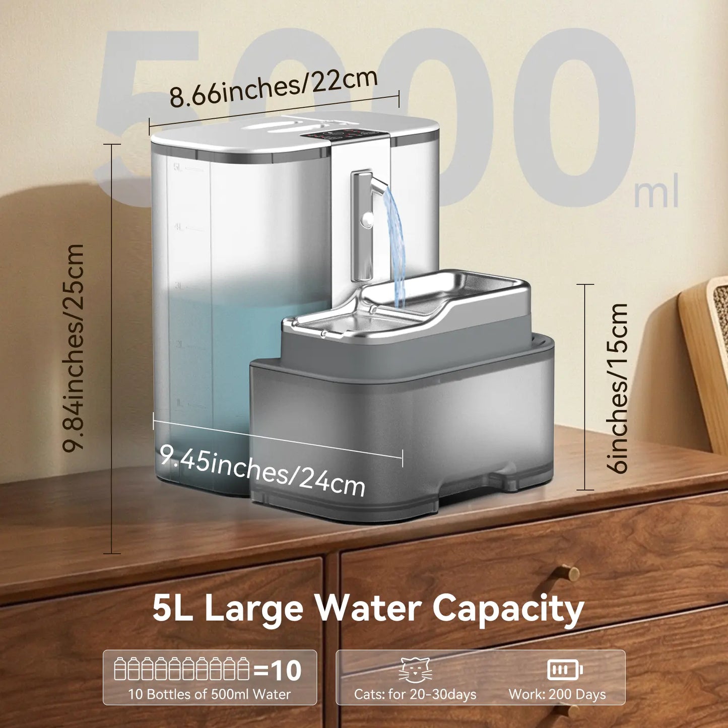 Marchul 5L Wireless Smart Pet Water Fountain - Battery Operated Automatic Dispenser for Cats and Dogs, Made of SUS 304 Stainless Steel, Features Motion Sensor and Wastewater Separation, 200-Day Battery Life, No Filter Required