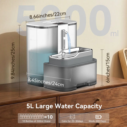 Marchul 5L Wireless Smart Pet Water Fountain - Battery Operated Automatic Dispenser for Cats and Dogs, Made of SUS 304 Stainless Steel, Features Motion Sensor and Wastewater Separation, 200-Day Battery Life, No Filter Required