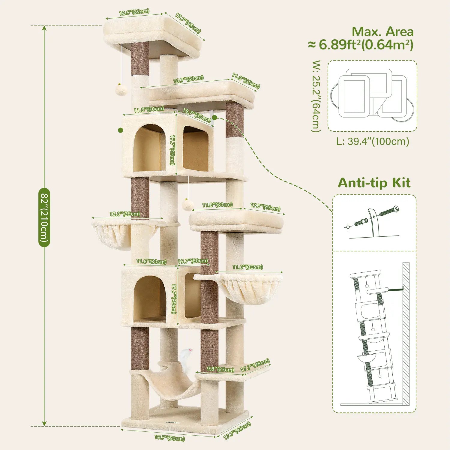 Globlazer Premium 82" Heavy-Duty Cat Mansion - Space-Saving Corner Furniture with Dual Condos and Seven Sisal Scratching Posts