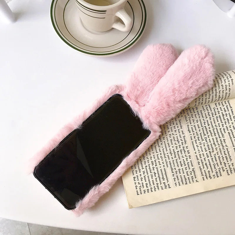 Plush Rabbit Cute Warm Phone Case Fur Cover for Iphone 17 Pro Max 16 16E 15 14 13 12 11 X XR XS 13 Mini Furry Fluffy Cover