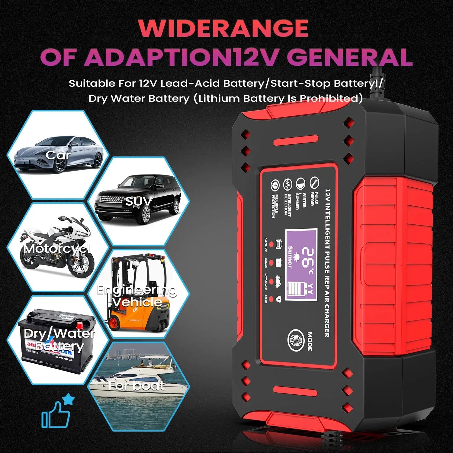 6A 12V Intelligent Car Battery Charger Car and Motorcycle Battery Charging Unit Lead-Acid Battery Repair LCD Display