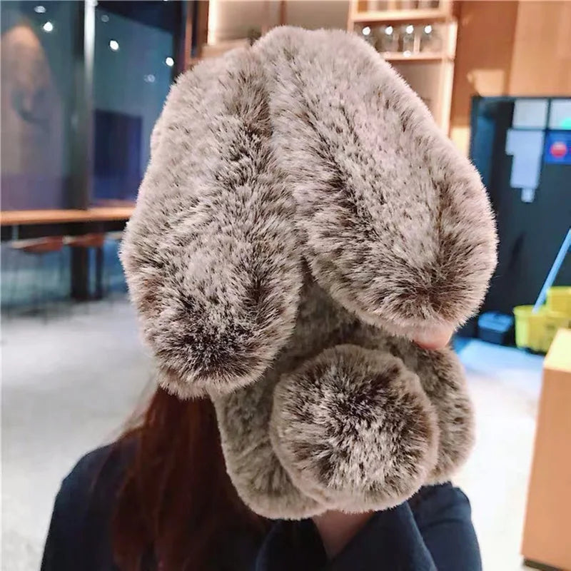 Plush Rabbit Cute Warm Phone Case Fur Cover for Iphone 17 Pro Max 16 16E 15 14 13 12 11 X XR XS 13 Mini Furry Fluffy Cover