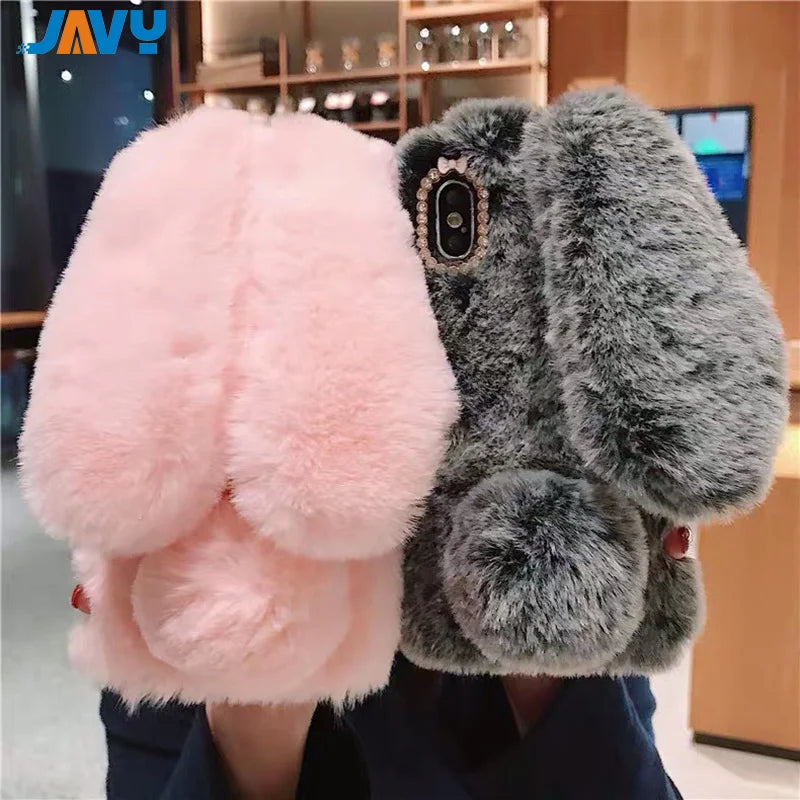 Plush Rabbit Cute Warm Phone Case Fur Cover for Iphone 17 Pro Max 16 16E 15 14 13 12 11 X XR XS 13 Mini Furry Fluffy Cover